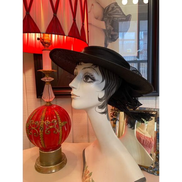 vintage 1980s black straw wide brim hat with ruffles Sonni chiffon 80s fashion - Picture 1 of 8